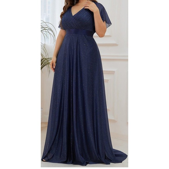 Elegant Navy Blue Sparkle Glitter V-Neck Flutter Sleeve Maxi Formal Gown Sz 5XL - Picture 1 of 14